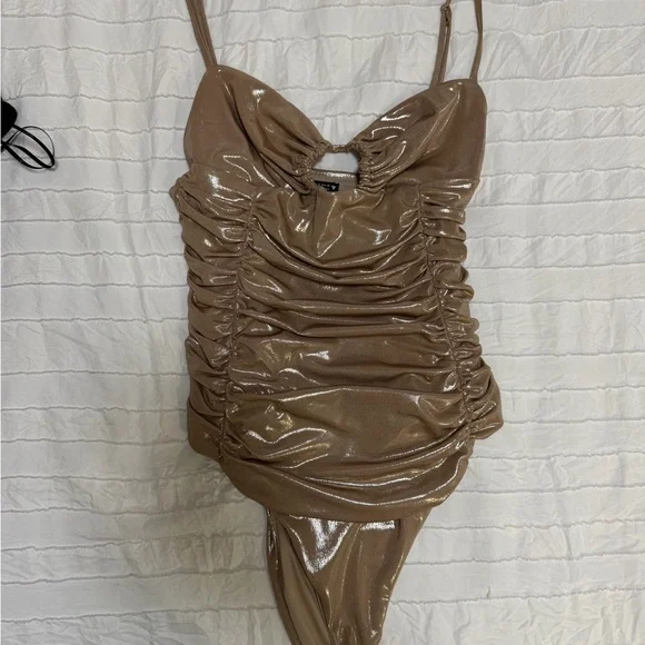 Zara Metallic Ruched Spaghetti-Strap Bodysuit in Gold - Picture 2 of 4